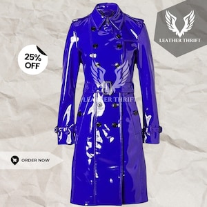 Handmade Women&#39;s Blue PVC Vinyl Trench Coat - Waterproof & Lightweight - Shinny Trench Coat | Best Gift for her