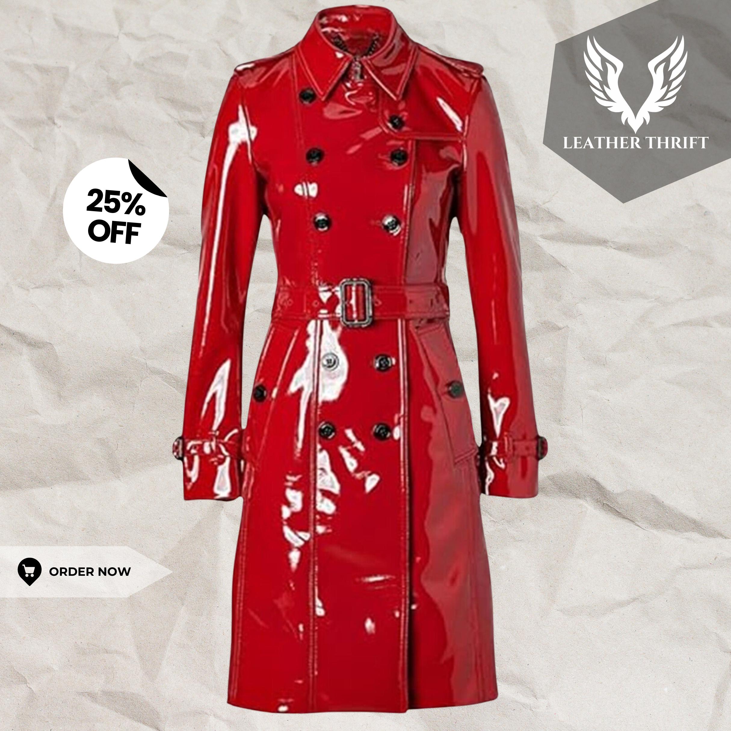 Handmade Women's Red PVC Vinyl Trench Coat - Waterproof