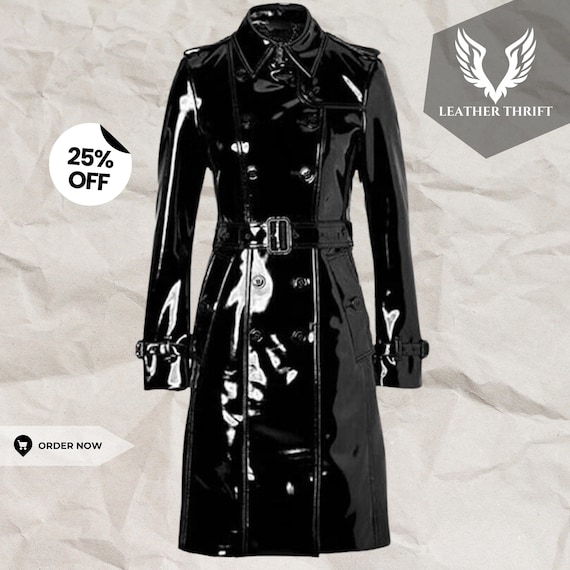 Handmade Women's Black PVC Vinyl Trench Coat - Waterproof