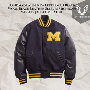 Handmade Men’s Custom Black Wool & Leather Sleeve Varsity Bomber Jacket with M Patch | Perfect Gift for Him