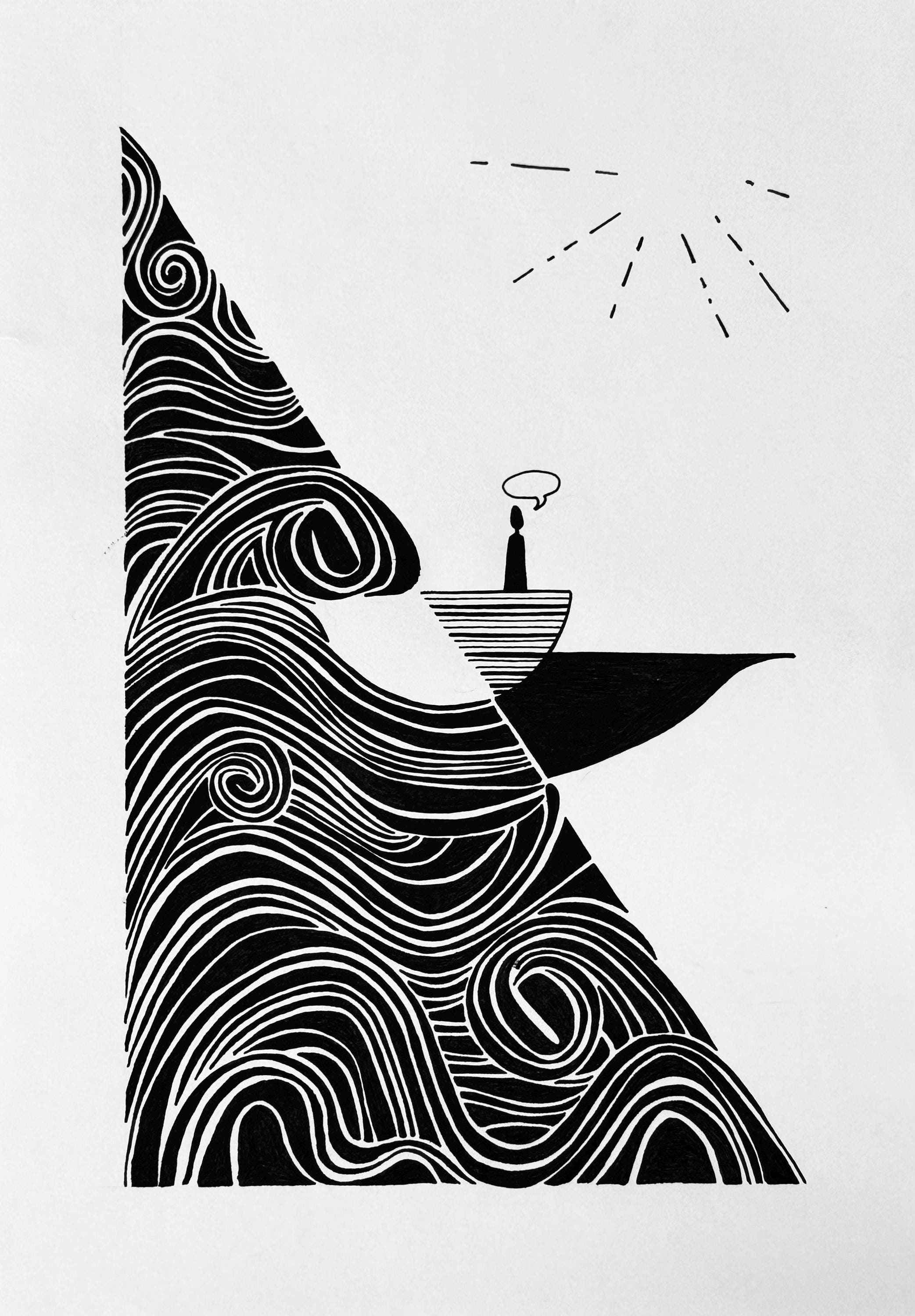 Calming the Storm Black and White Line Drawing of a Boat on Calm Waters ...