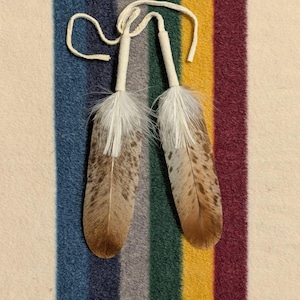 Puede incluir: Dos plumas decorativas con marcas marrones y blancas, unidas a un cordón color crema. Las plumas se muestran sobre un fondo a rayas de colores. El texto en la parte inferior de la imagen dice: "Recibirás todas las plumas que se muestran."