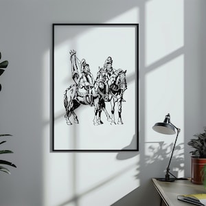 Vintage Two Knights on Horses Black and White Digital Poster Print File Download | Medieval Artwork Wall Room Decor Print Design File Knight