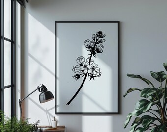 Vintage Flower Black and White Minimalistic Digital Poster Print | Floral Wall Art Design Download