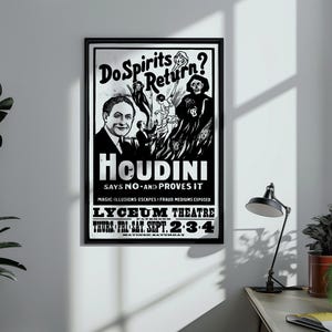 Harry Houdini Do Spirits Return Vintage Magician Performance Black and White Digital Print Poster