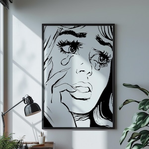 Girl Crying Comic Book Pop Art Style Vintage Black and White Digital Poster Print