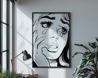 Girl Crying Comic Book Pop Art Style Vintage Black and White Digital Poster Print