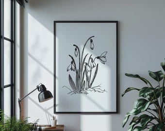 Vintage Flower Black and White Minimalistic Digital Poster Print | Floral Wall Art Design Download