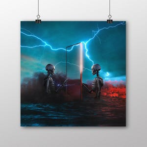 Worlds Apart Graphic Print | Fantasy & Surreal Room Decor, Skeleton Wall Art, Fantasy Wall Art, Lightning, Skeleton, Aesthetic Design Poster