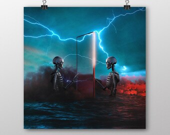 Surreal Skeleton Print: Fantasy Ocean, Lightning Wall Art (Digital Download)