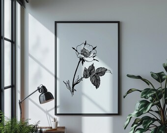 Vintage Flower Black and White Minimalistic Digital Poster Print | Floral Wall Art Design Download