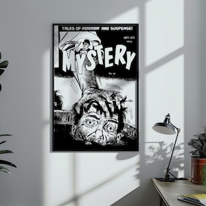 Vintage Horror Comic Book Mystery Pop Art Style Black and White Digital Poster Print