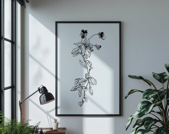 Vintage Flower Black and White Minimalistic Digital Poster Print | Floral Wall Art Design Download