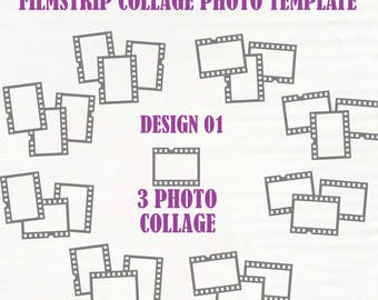 Plantilla de álbum de recortes con tira de película para collage de fotos (3 fotos) en formato SVG, archivo de corte para manualidades (descarga digital).