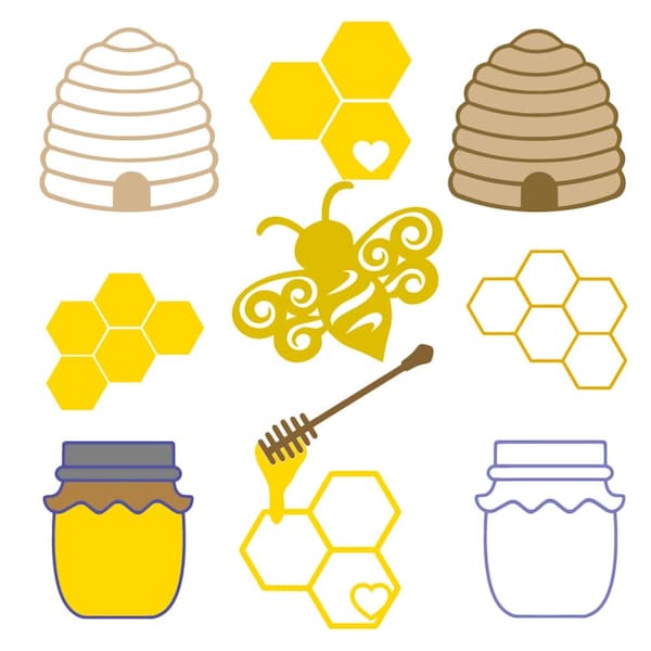 SVG Cut File Bee Bundle with Honeycomb BeeHive Honey Dripper Embellishments Scan n Cut MTC Silhouette Cricut SCAL Cutting Files