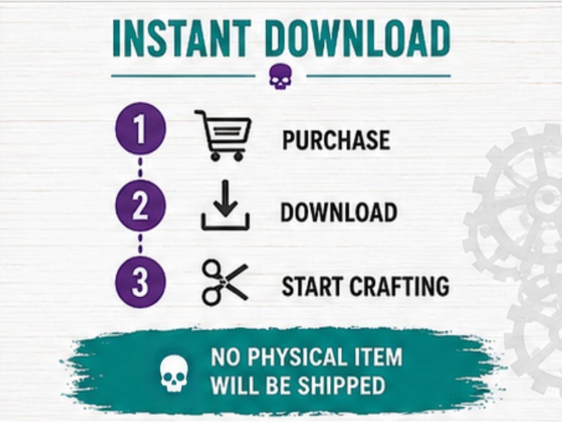 Puede incluir: Un gr&aacute;fico instructivo con el texto INSTANT DOWNLOAD y un peque&ntilde;o icono de calavera. Enumera tres pasos: 1. PURCHASE con un carrito de compras, 2. DOWNLOAD con una flecha hacia abajo y 3. START CRAFTING con tijeras. El texto dice NO PHYSICAL ITEM WILL BE SHIPPED.