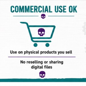Puede incluir: Un gr&aacute;fico con el texto COMMERCIAL USE OK, Use on physical products you sell y No reselling or sharing digital files. El dise&ntilde;o incluye un icono de carrito de compras color verde azulado con una calavera morada, dos calaveras moradas peque&ntilde;as y engranajes.