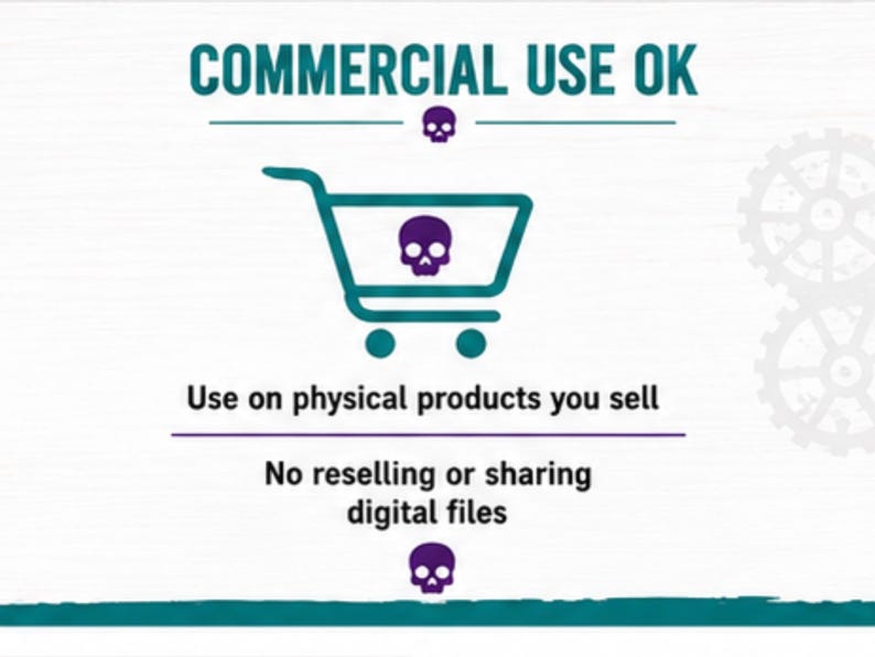 Puede incluir: Un gr&aacute;fico con el texto COMMERCIAL USE OK, Use on physical products you sell y No reselling or sharing digital files. El dise&ntilde;o incluye un icono de carrito de compras color verde azulado con una calavera morada, dos calaveras moradas peque&ntilde;as y engranajes.