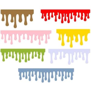 Puede incluir: Una colecci&oacute;n de siete elementos gr&aacute;ficos horizontales con un efecto de l&iacute;quido que gotea. Los colores incluyen marr&oacute;n, rojo, rosa claro, amarillo, verde, morado claro y azul. Cada elemento consiste en un borde superior recto con gotas.