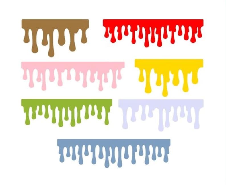 Puede incluir: Una colecci&oacute;n de siete elementos gr&aacute;ficos horizontales con un efecto de l&iacute;quido que gotea. Los colores incluyen marr&oacute;n, rojo, rosa claro, amarillo, verde, morado claro y azul. Cada elemento consiste en un borde superior recto con gotas.