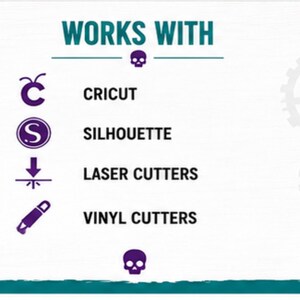 Puede incluir: Un gr&aacute;fico informativo blanco con el texto en turquesa WORKS WITH y un icono de calavera morado. Enumera la compatibilidad con Cricut, Silhouette, cortadoras l&aacute;ser y cortadoras de vinilo, cada una con un icono morado correspondiente a la izquierda.