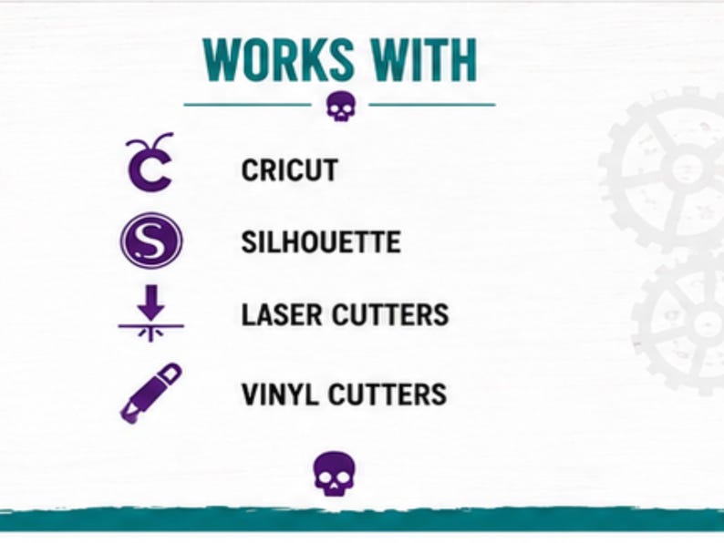 Puede incluir: Un gr&aacute;fico informativo blanco con el texto en turquesa WORKS WITH y un icono de calavera morado. Enumera la compatibilidad con Cricut, Silhouette, cortadoras l&aacute;ser y cortadoras de vinilo, cada una con un icono morado correspondiente a la izquierda.