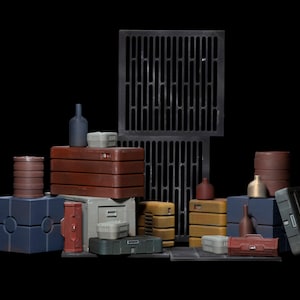 May include: A collection of miniature industrial storage containers, including red, blue, gray, and yellow crates, stacked boxes, and cylindrical canisters arranged in front of a tall, black, rectangular metal grate with vertical slots.