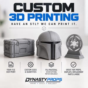 May include: Custom 3D printing service featuring a gray storage crate, a gray helmet, and a gray circular emblem. Text reads: CUSTOM 3D PRINTING, HAVE AN STL? WE CAN PRINT IT, YOUR FILE OUR PRINT, CUSTOM SIZES & QUANTITIES, PLA MATERIAL, DYNASTYPROPS.