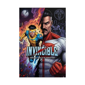 May include: A colourful poster featuring characters from the comic book series "Invincible." The artwork is split down the middle, showcasing two characters. The title "Invincible" is prominently displayed, with the tagline "Sometimes, family is the hardest fight."