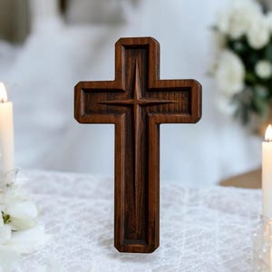 Cross with Star of Bethlehem, Handcrafted Beechwood Christian Wall Art, Church Décor, Religious Ornament for Home or Chapel