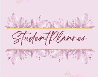 Puede incluir: Un diseño floral rosa y blanco con un borde dorado y el texto "Student Planner" en burdeos.