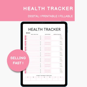 May include: A digital printable health tracker with sections for weekly meal plans, water intake, workouts, and vitamins/supplements/medications. The tracker is designed for a week and includes a daily breakdown. The text "HEALTH TRACKER" appears at the top of the page.