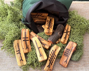 Pear Ogham Staves Set with Forfeda. Hand carved.