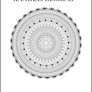 May include: Black and white mandala design with intricate patterns and circles. The design is symmetrical and has a circular shape. The design is called "Rangoli Designs".