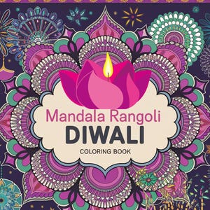 Op de afbeelding: Een kleurboekomslag met een mandala-ontwerp met een roze lotusbloem en een brandende kaars. De tekst "Mandala Rangoli Diwali Coloring Book" staat op een wit banner.