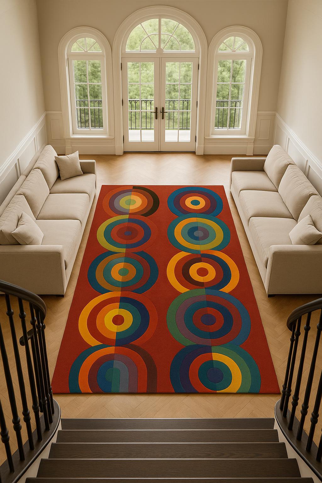 ハンドメイドタフテッドラグ| バーガンディレトロ幾何学模様マルチ