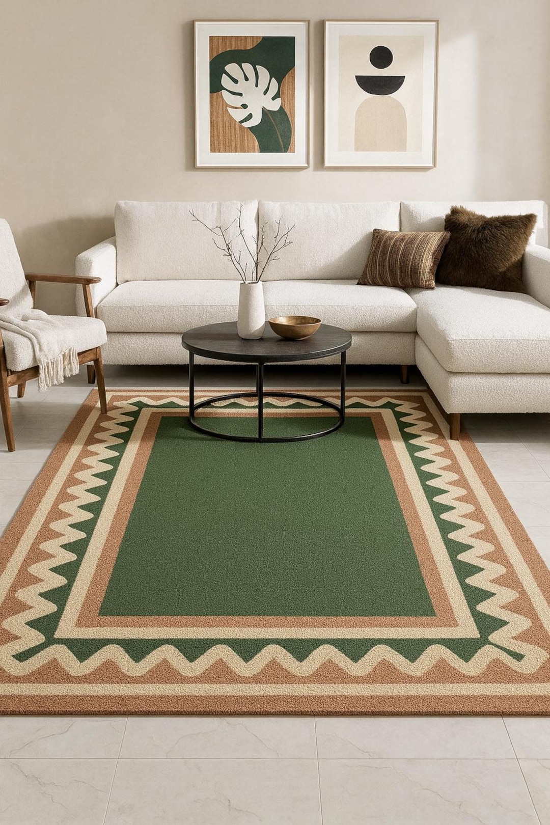 Vintage Green Geometric Border Wool Rug – Hand-tufted Soft Area Rug for ...