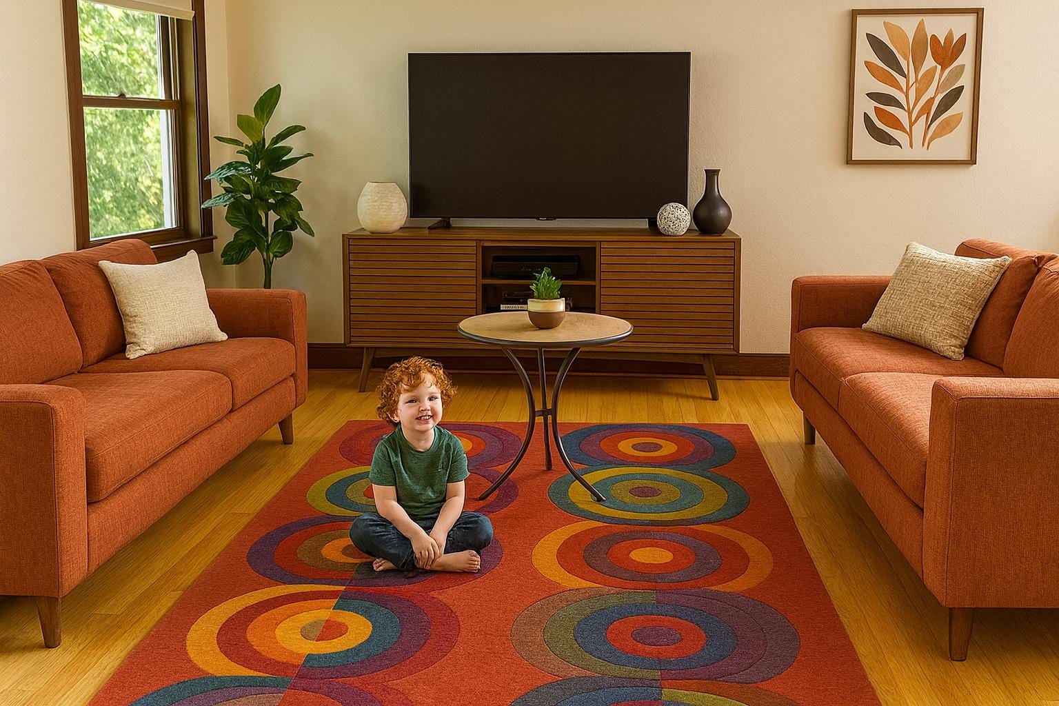 ハンドメイドタフテッドラグ| バーガンディレトロ幾何学模様マルチ