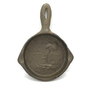Vintage Cast Iron Skillet Ashtray Palm Trees Embossed