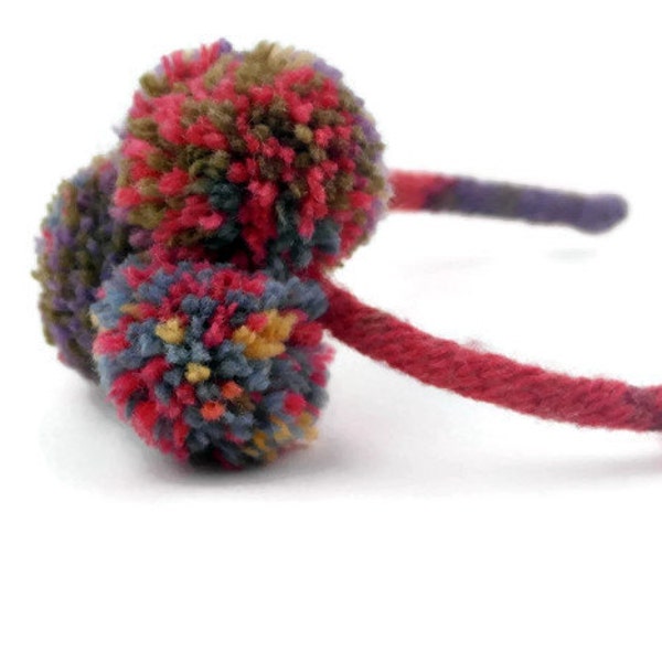 Pom-Pom Knitted Girl's Headband French Knit Headband, Adult or Young Girl Hair, Multicolored pom-poms Headband