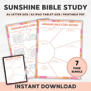 May include: A digital download bundle titled "Sunshine Bible Study" with a pink, orange, and white color scheme. The image shows printable PDF pages and an iPad displaying the study method. The bundle includes 7 pages.