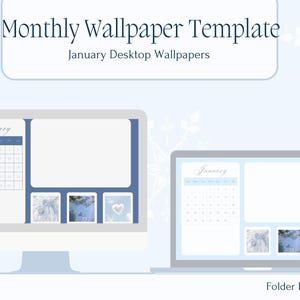 Pode incluir: Duas maquetes de tela de computador mostrando um modelo de papel de parede de desktop de calendário de janeiro. O modelo inclui um calendário, um espaço em branco grande e quatro espaços menores para ícones. O texto "January Desktop Wallpapers" e "Edit with Canva!" é visível na imagem.