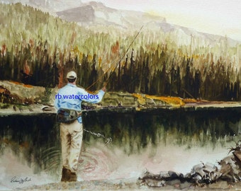 Fish art/ Fish/Christmas/FLY FISHING PRINT / Fly Fishing art print / Fly Fishing Painting ( 11 x 14 Fly Fisherman print) gift under 25/man