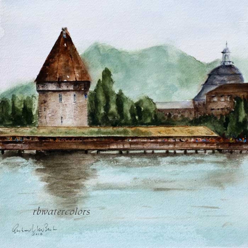 Watercolor landscape painting europe Bridge to Old Town Lucerne Switzerland Print 10x10 europe river lake water brown green blue image 1