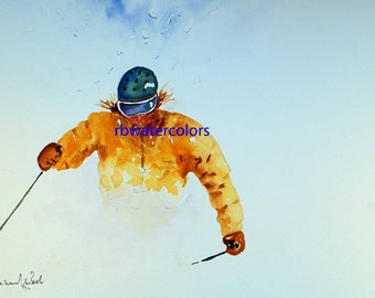 skier snow ski watercolor print gifts under 20 painting christmas winter outdoors downhill skiing