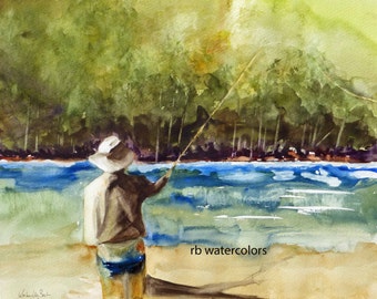 FLY FISHING PRINT / Fly Fishing art  / Fly Fishing Painting (11" x 13") Fly Fisherman watercolor) Father's Day Gift