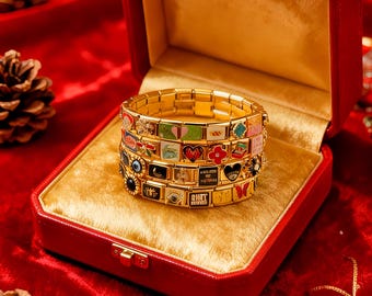 Gold Italian Charm Bracelets Set  – Personalized Italy Charm Bracelet Links, Build Your Own Story, Best Friend/Couple Gift - Christmas Gift