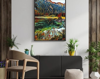 Impresión de paisaje de lago de montaña, decoración bohemia colorida para el hogar (descarga digital)