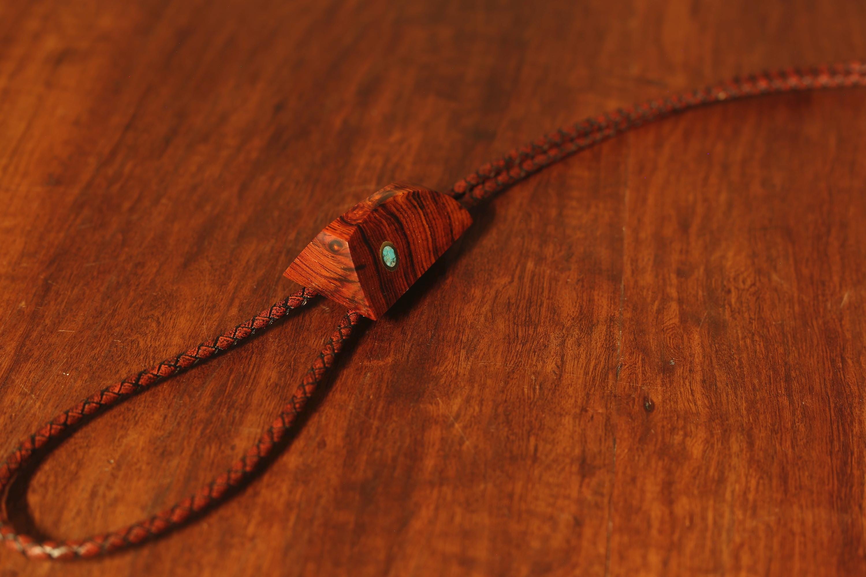 Handmade Cocobolo Wooden Bolo Tie - Braided Leather Cord, Turquoise Inlay options
