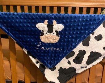 Personalized Minky Baby Blanket: Cow Appliqué, Embroidered Name